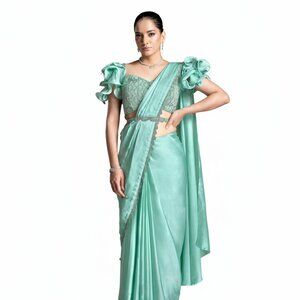 Mint Green Crepe Satin Silk Designer Saree with Ruffle Sleeves and Aari Work